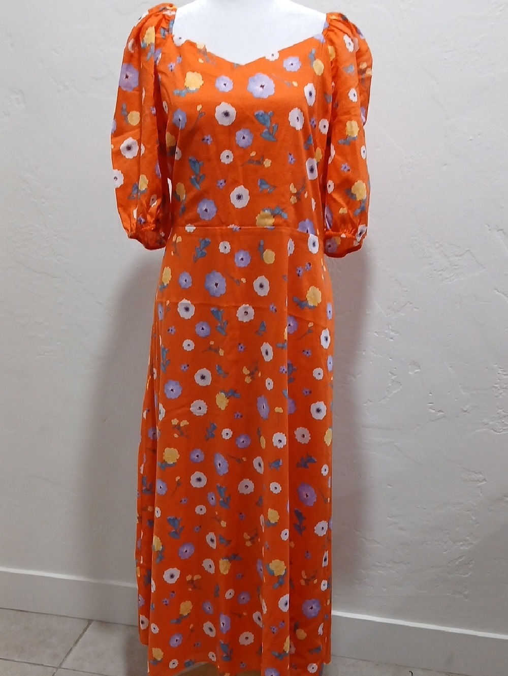 Ann Taylor Orange Floral Puff-Sleeve Maxi Dress